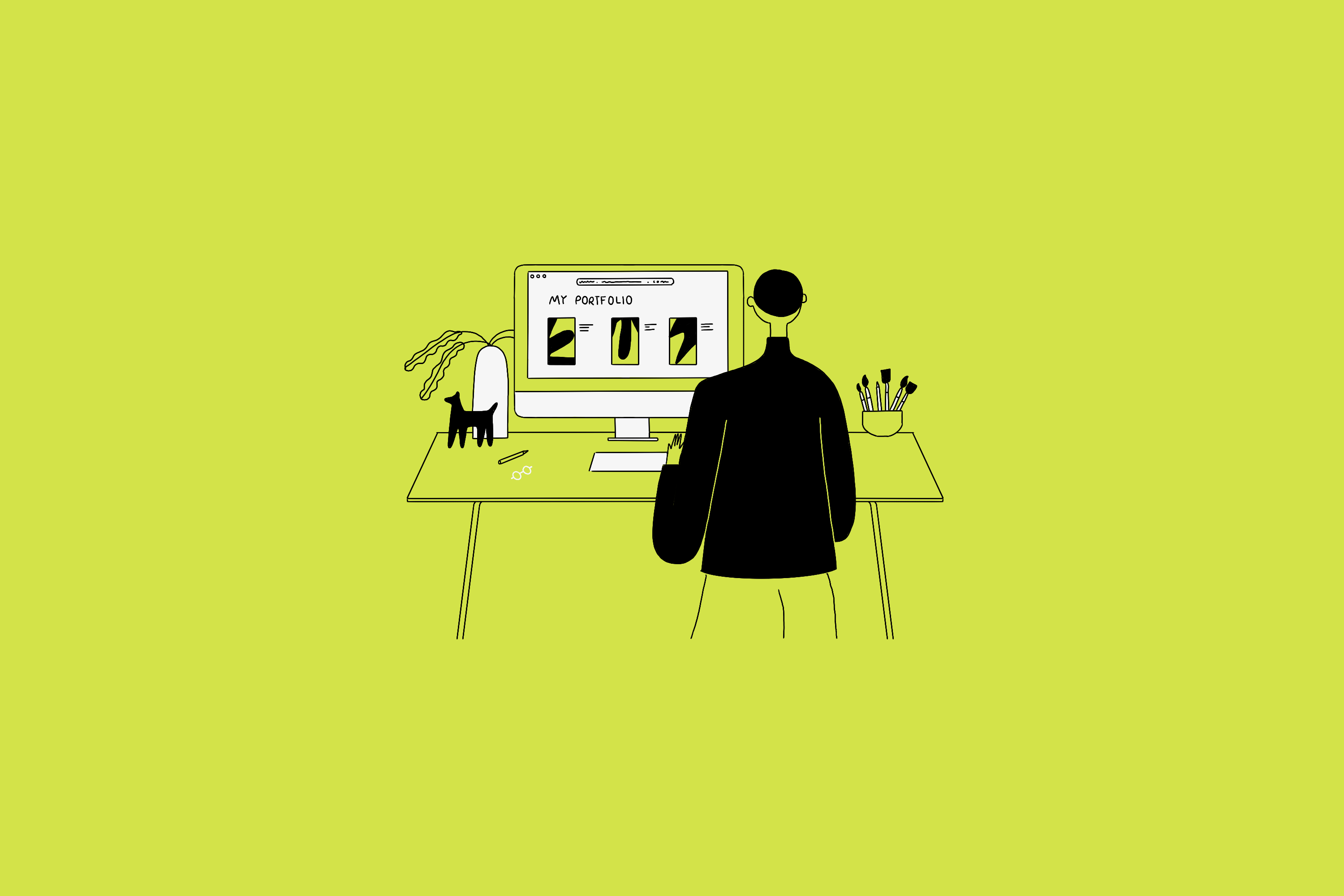 Illustration of person working on a laptop on a yellow backgroud